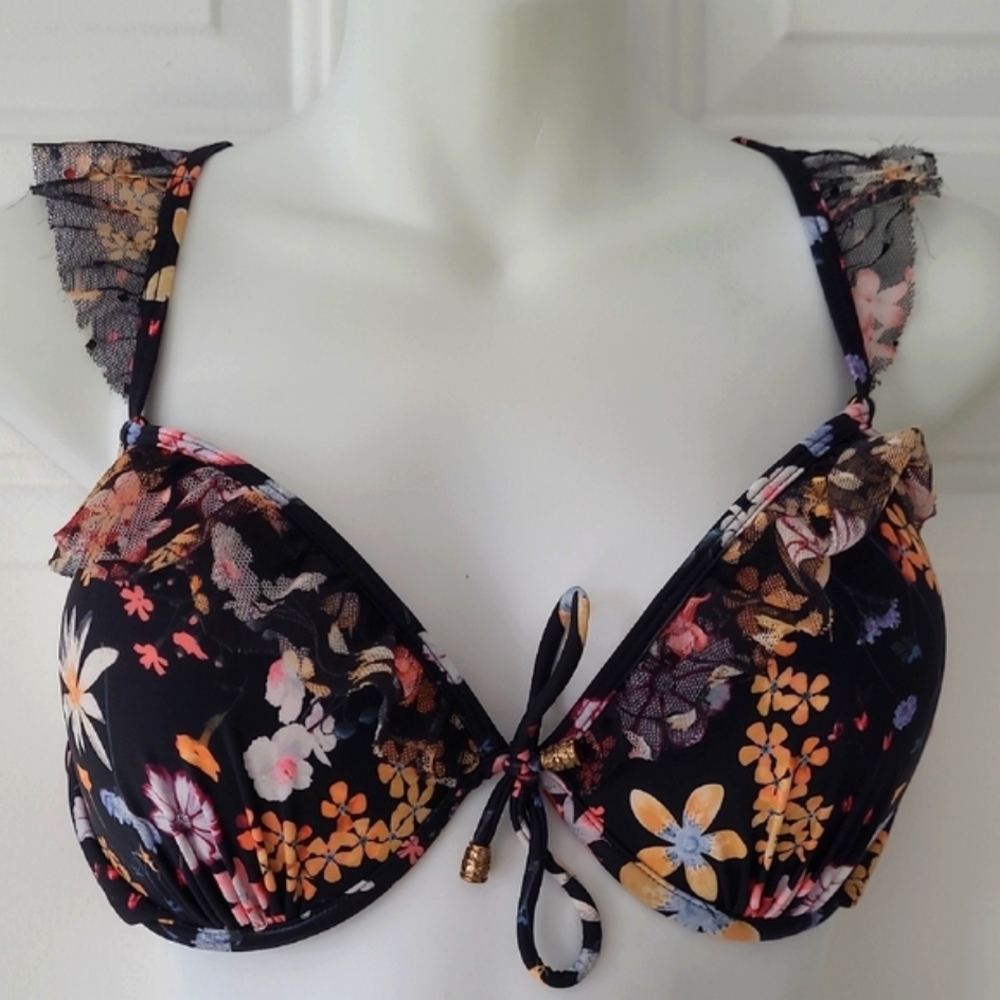 Floral Bikini Top with Mesh Ruffle, Crisscross  Black Trim